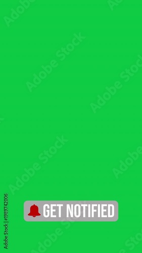 Vertical video animation of an animated bell button with the message get notified on a green background - suitable for video blog - seamless loop. 