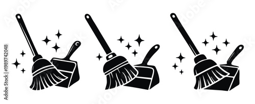 Broom and Dustpan Silhouette Icon Set - Cleaning Tools, Sweep, Sparkle, House Clean, Black Icons, Broom, Dustpan, Cleaning, Silhouette, Sweep Icon, Cleaning Set
