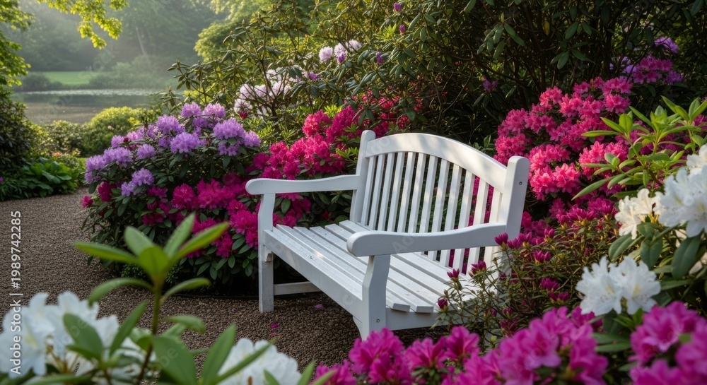 Obraz premium Elegant White Garden Bench Amidst Blooming Flowers