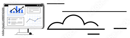 Cloud computing, data analytics, web services, SaaS tools, business reports, network systems. Monitor showing charts and graphs, a cloud icon. Cloud computing and data analytics concept