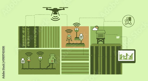 Smart Farming Concept Illustration with Drone, IoT Sensors, and Data Analysis for Precision Agriculture