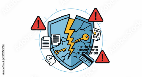 Cybersecurity Data Breach Illustration with Broken Shield, Warning Icons, and Data Leak Symbols