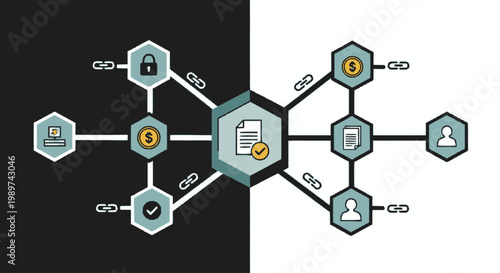 Conceptual Blockchain Technology and Smart Contract Network Illustration with Secure Digital Transactions