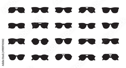 Sunglasses silhouette icon set, 20 black eyewear vector elements, stylish summer sun glasses collection, fashion optical frames for web design