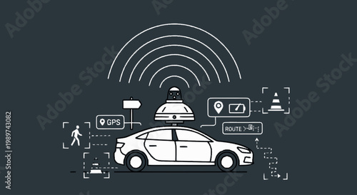 Autonomous Self-Driving Car Concept with Sensors, Radar, and Navigation Symbols in Minimalist Line Art Style