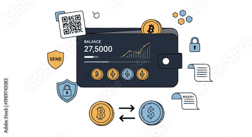 Digital Cryptocurrency Wallet Illustration with Bitcoin and Ethereum Icons, Secure Transaction Features, and Financial Growth Graph for FinTech Concepts