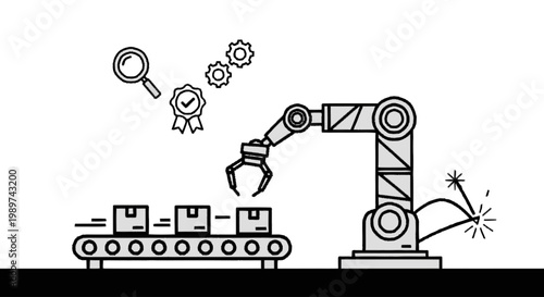Automated Industrial Manufacturing Process with Robotic Arm, Conveyor Belt, and Quality Control Symbols Illustration