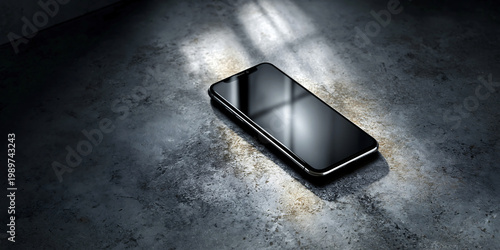 Smartphone on a dark floor with dramatic window light and soft shadows, creating a moody minimalist technology scene.