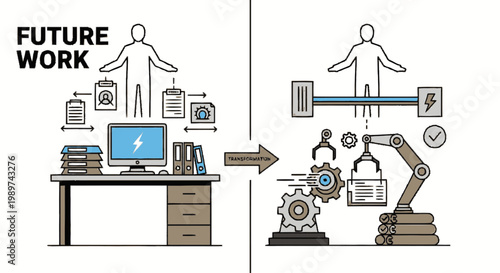 Conceptual Illustration of Future Work and Digital Transformation Showing Transition from Office Tasks to Robotic Automation