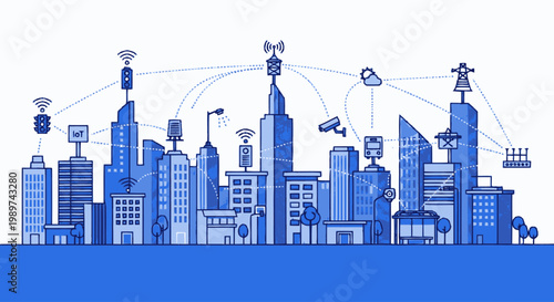 Smart City Concept Illustration Featuring IoT Network, Connected Buildings, and Urban Technology Infrastructure