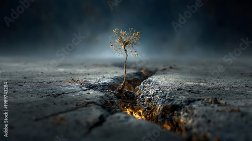 Small tree growing from cracked ground under dramatic light, symbolizing resilience, survival, and hope in a harsh natural environment.