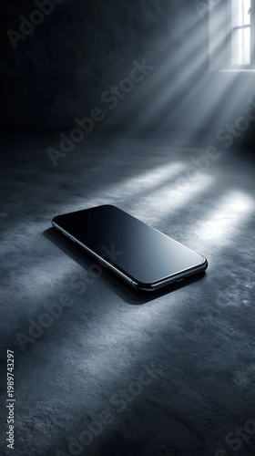 Smartphone on a dark floor with dramatic window light and soft shadows, creating a moody minimalist technology scene.