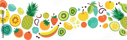 Colorful fruit composition banner with tropical fruits citrus berries and fresh healthy food elements flat vector illustration