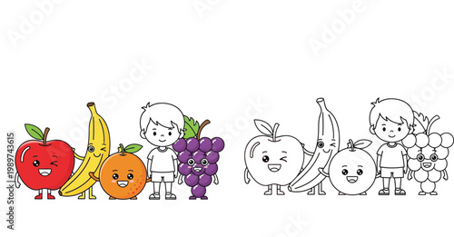 Cute kawaii cartoon fruits and little boy holding hands. Color illustration and black and white outline coloring page for kids featuring apple, banana, orange, and grapes.
