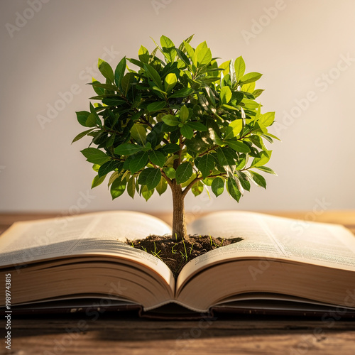 Tree Growing from Open Book Symbol of Knowledge and Nature