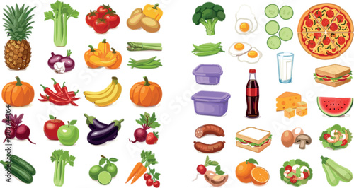 Food ingredients and fast food collection with fruits vegetables pizza drinks and snacks colorful flat vector illustration set
