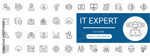 IT Expert Line Icon Set. Specialist, Professional, Support, Technology, Solutions, Development, Network, Security, Service.. Editable Vector Illustration