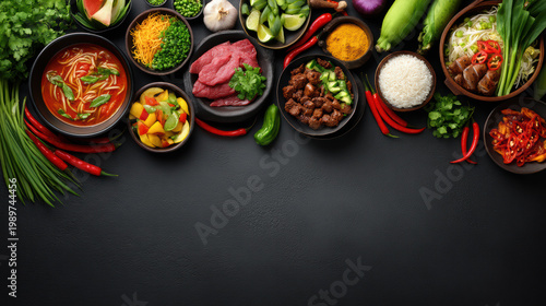 An overhead shot displays vibrant ingredients for Asian cooking arranged attractively on a dark background, inviting culinary creativity and fresh flavors.
