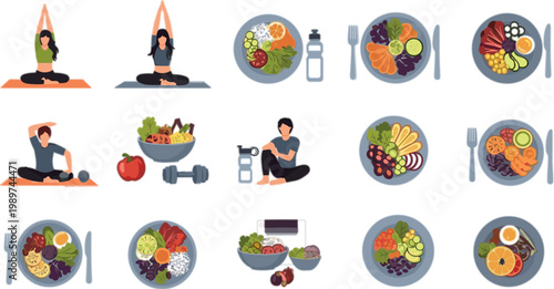 Healthy lifestyle set with yoga fitness exercises balanced meals fruits vegetables and nutrition concept flat vector illustration