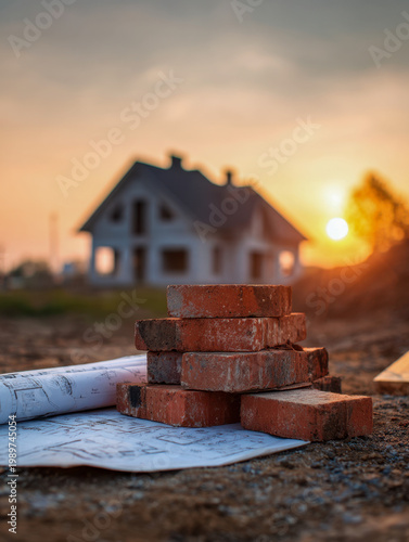 Stack of red bricks and architectural plans in focus with an unfinished house and warm sunset in the background symbolizing construction and home building progress