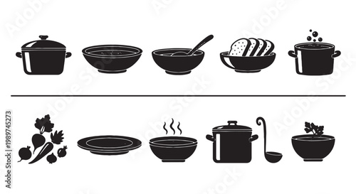 Minimalist kitchen icons set, black silhouette cooking pots and soup bowls, 10 culinary vector elements for restaurant menu design and food apps