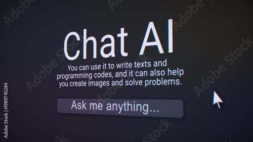 Video animation of a fictional AI user interface on a website in a web browser - chatting with a bot. Ideal for representing digital creativity, software interfaces, UI, UX layouts.