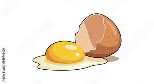 Brown egg cracked open with yellow yolk and white liquid pooled on clean white surface, broken shell half placed beside fresh raw ingredient.