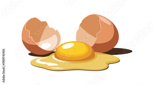 Brown egg cracked open with yellow yolk and white liquid pooled on clean white surface, broken shell half placed beside fresh raw ingredient.