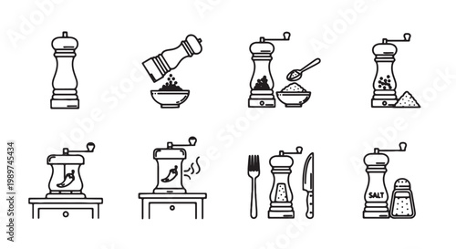 Minimalist pepper mill and salt shaker icon set, black and white kitchen spice grinder vector illustrations, 8 culinary seasoning tool icons
