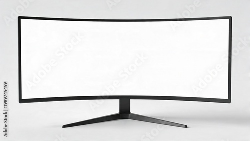  features a sleek, modern curved computer monitor with a minimalist design. The monitor has a wide, expansive screen with a thin black bezel, emphasizing its large display area. The curvature of the s