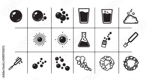 Minimalist bubble icons set, black and white soap suds vector elements, clean foam and carbonation symbols for hygiene and beverage design