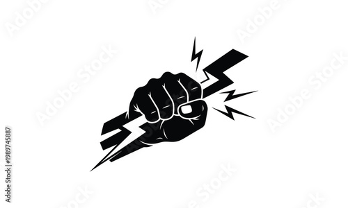 Fist crushing lightning bolt symbol of power and energy.