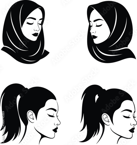 black and white illustrations of womens heads with different hairstyles and headscarves