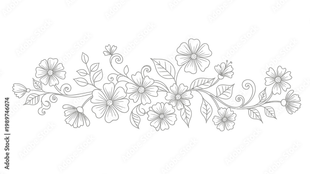 Fototapeta premium Elegant floral border illustration, delicate line art flowers and leaves, vintage botanical design.