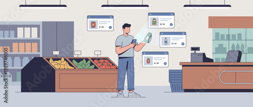 Man standing in grocery store holding paper near checkout counter with shelves and produce display