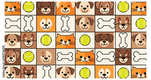 A colorful pattern featuring dogs cats tennis balls and dog bones