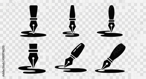Set of black fountain pen nibs with ink blots, icons for writing and design