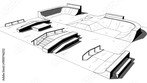 Skatepark Design Blueprint: Modern Outdoor Recreation Area with Ramps and Rails