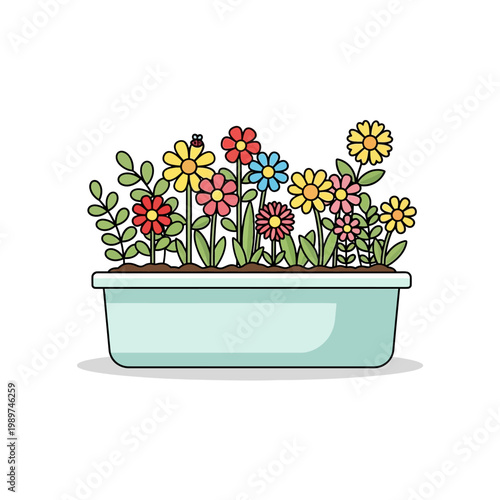 Colorful flowers blooming in a light blue rectangular planter