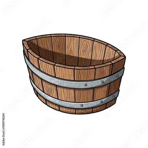 An empty wooden barrel resting on a flat surface with metal reinforcement bands