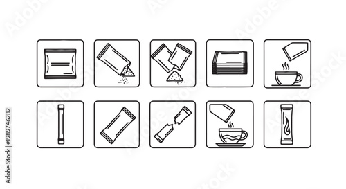 Minimalist sugar sachet icon set, black and white line art of sweetener packets and coffee sticks, 10 vector icons for cafe packaging and beverage instructions