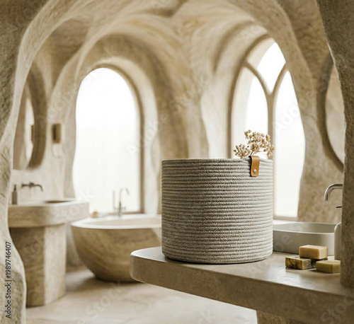 Nordic cotton baskets in cozy minimalist interior

