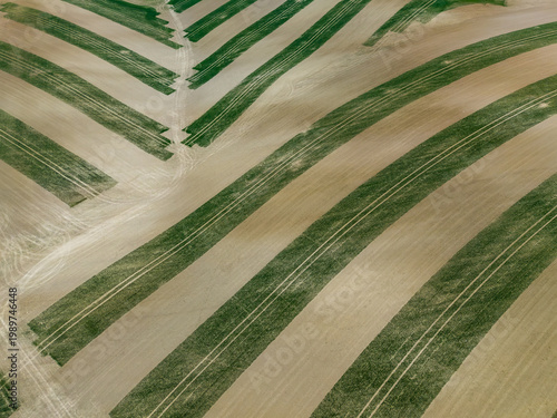 An aerial view of the undulating agricultural fields in the Moravia region, featuring precisely planted green crop stripes that follow the natural contours of the hills near Kunkovice