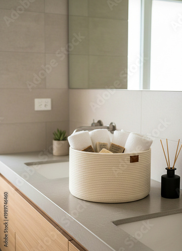 Nordic cotton baskets in cozy minimalist interior
