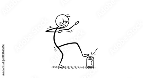 Man Kicking Trash Can Angrily Outside.