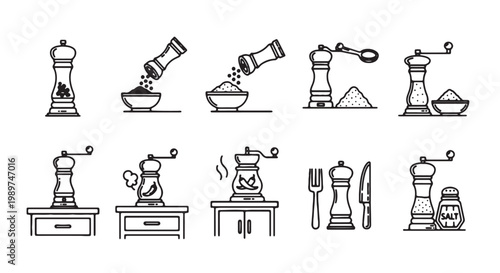 Minimalist salt and pepper mill icons, black line art spice grinder set, culinary seasoning tools for kitchen and restaurant menu design