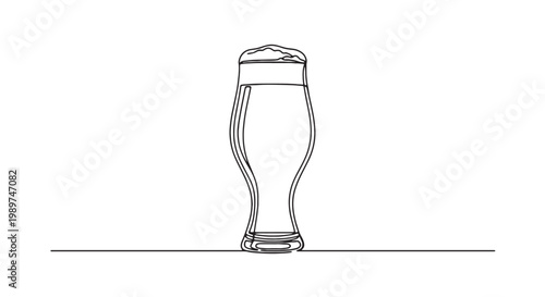 Minimalist continuous line drawing of a beer glass with foam, elegant craft beer tulip glass vector illustration, simple black and white brewery icon