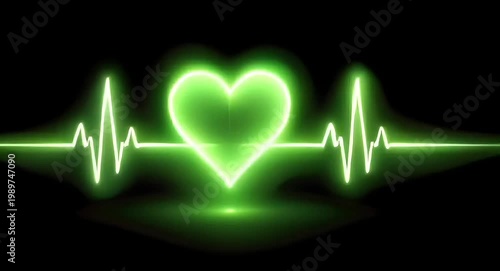 Green color pulse heart beat.Heartbeat on black background with a green heart shape.Animated style.4k video.


