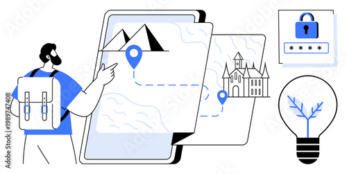Travel planning, digital security, innovative thinking, navigation apps, location services, vacation ideas. A traveler with a map and backpack, security password key and light bulb. Travel