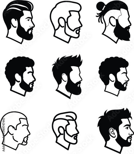 nine black and white illustrations of men with various hairstyles and beards